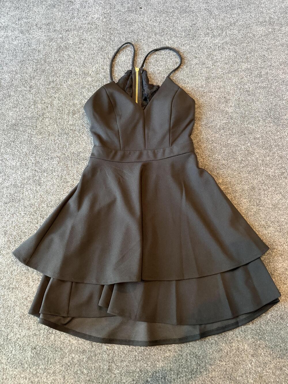 B. Darlin Dress Womens Juniors 7/8 Black Fit & Flare Lace Cutout Tiered Mini